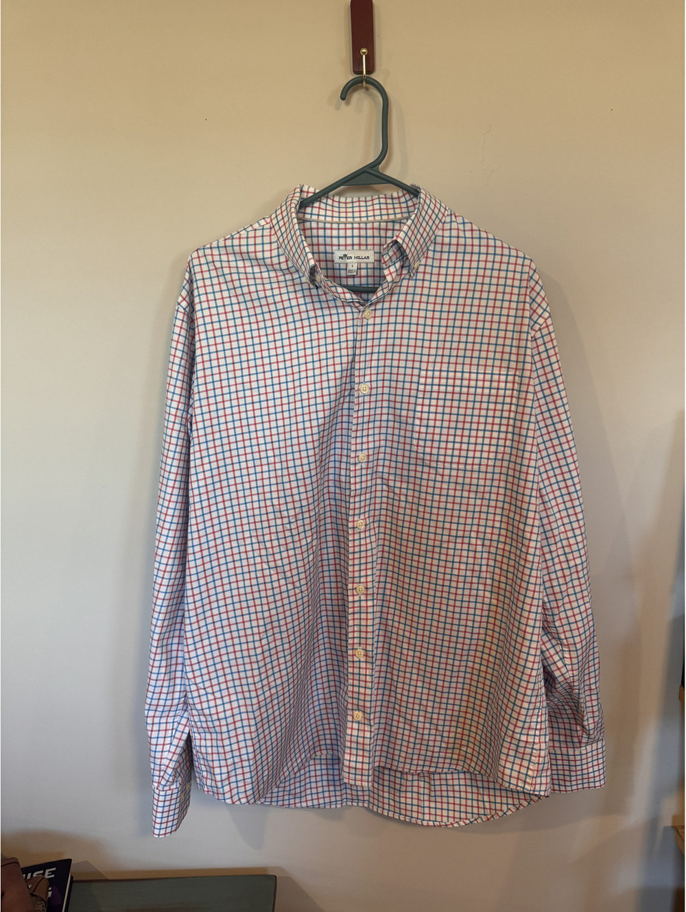 Peter Millar Men Size L Long Sleeve Tattersall Check Button Down Shirt Blue Red